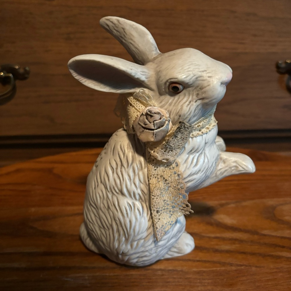 Bisque Ceramic vintage grey tan Bunny Rabbit with lace bow Easter Holiday